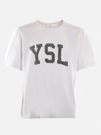 Shop Saint Laurent Cotton T-shirt With Embroidered Monogram In White