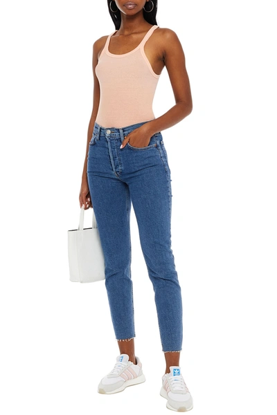 Shop Re/done 90s Frayed High-rise Slim-leg Jeans In Mid Denim