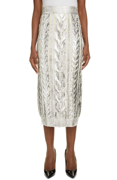 Shop Balmain Metallic Cable Knit Virgin Wool Blend Midi Skirt In Gac Blanc/ Argent
