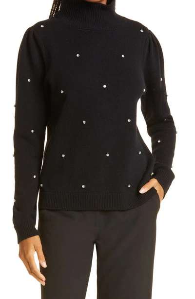 Shop Milly Crystal Embellished Turtleneck Merino Wool Blend Sweater In Black
