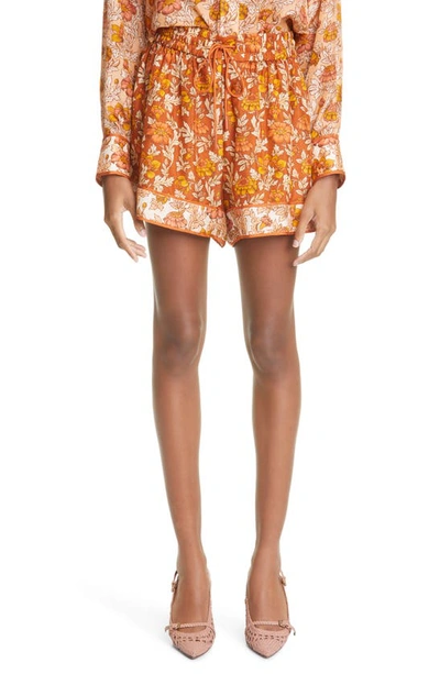 Shop Zimmermann Andie Floral Silk Shorts In Terracotta Floral