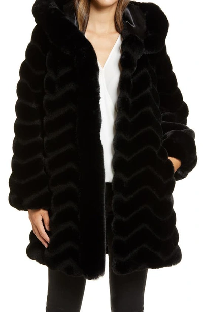 Shop Gallery Grooved Faux Fur Hooded Jacket In Black