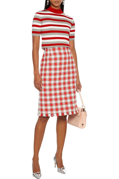 Shop Oscar De La Renta Frayed Gingham Tweed Pencil Skirt In Tomato Red