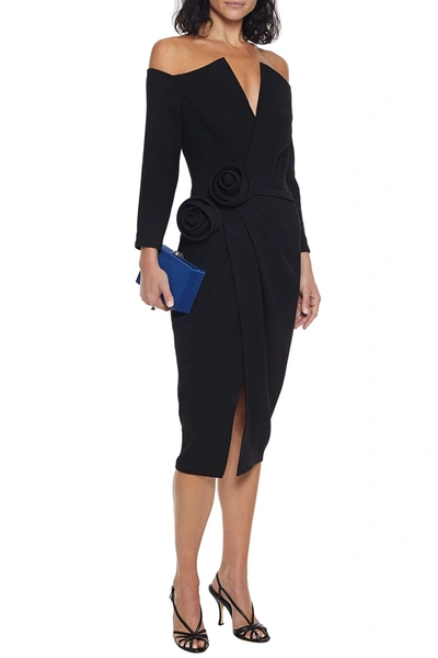 Shop Oscar De La Renta Off-the-shoulder Floral-appliquéd Wool-blend Crepe Dress In Black