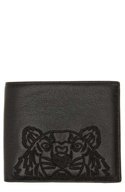 Shop Kenzo Tiger Embroidered Leather Bifold Wallet In Black