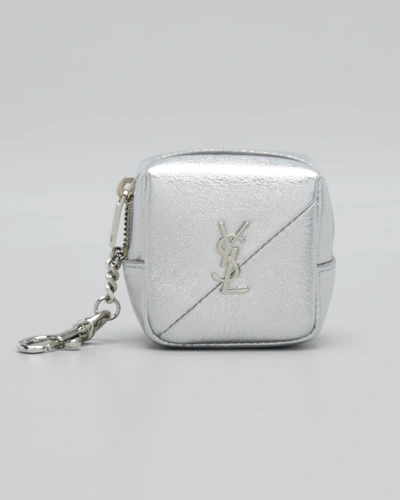 Saint Laurent Silver Metal Leather Heart Coin Purse with Key Chain