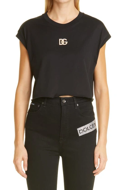 Shop Dolce & Gabbana Logo Embellished Crop Jersey T-shirt In Black