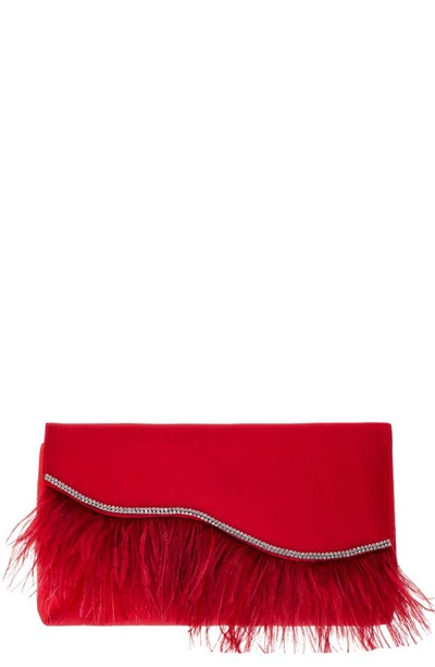 Shop Nina Kaidy Feather Trim Satin Clutch In Red Rouge