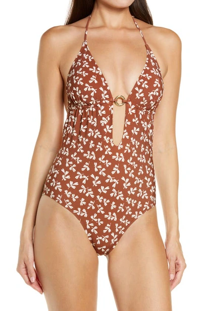 Shop Tory Burch Basket Weave Print Ring One-piece Swimsuit In Rust Little Leaves