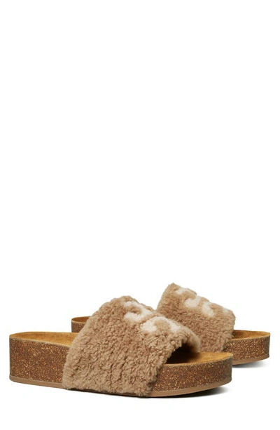 Tory Burch Double T Genuine Shearling Platform Slide Sandal In Brown