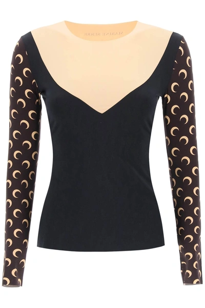 Shop Marine Serre Moon Top With Trompe Loeil Neck In All Over Moon Brown (black)