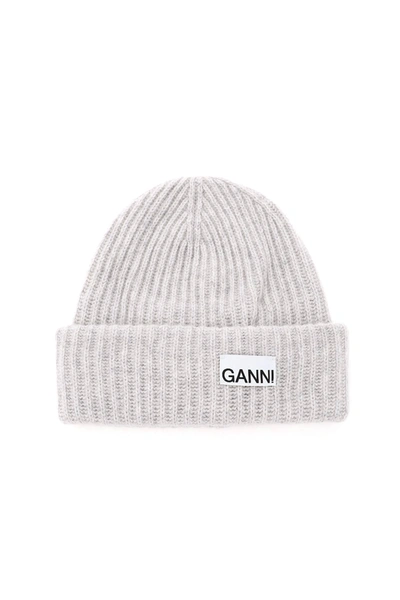 Shop Ganni Logo Beanie Hat In Paloma Melange (grey)
