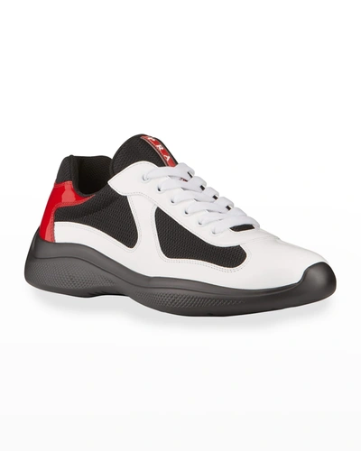 Shop Prada Men's New America's Cup Leather Low-top Sneakers In Bianco Rosso