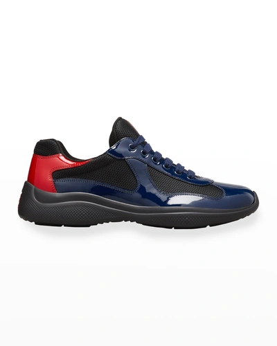 Shop Prada Men's New America's Cup Leather Low-top Sneakers In Royal Rosso