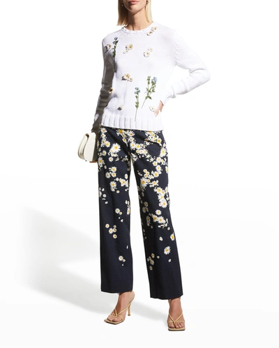 Shop Oscar De La Renta Floral-embroidered Pullover In Ivory W Multi