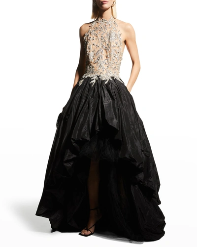 Shop Oscar De La Renta Sequin-embroidered Halter High-low Gown In Blackcrystal