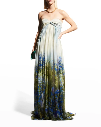 Shop Oscar De La Renta Floral Painting-print Strapless Gown In Topaz Multi
