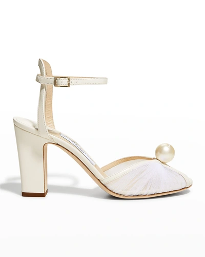 Shop Jimmy Choo Sacaria Tulle Pearly Ankle-strap Sandals In Ivory/white
