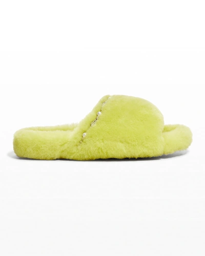 Shop Jimmy Choo Acinda Shearling Crystal-strap Slide Sandals In Lime/crystal