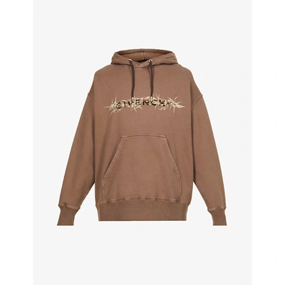 Shop Givenchy Barbed Wire-print Dropped-shoulder Cotton-jersey Hoody In Chocolate