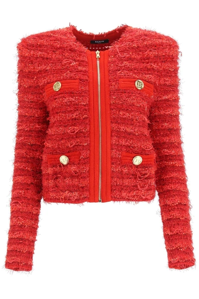 Shop Balmain Zipped Tweed Jacket In Red