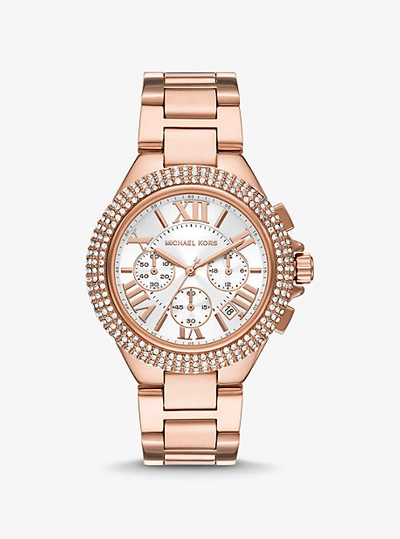 Shop Michael Kors Oversized Camille Pavé Rose Gold-tone Watch