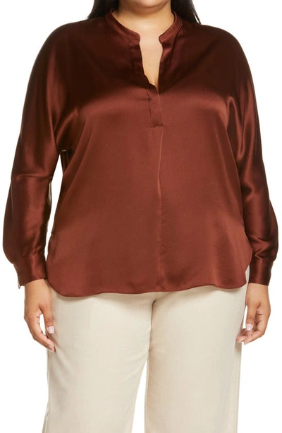 Shop Vince Band Collar Silk Blouse In Dark Red Umber