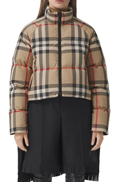 Shop Burberry Check Crop Down Puffer Jacket In Archive Beige Check
