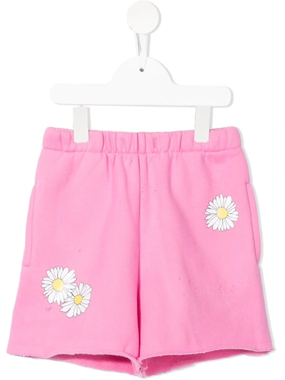 Shop Natasha Zinko Daisy-print Distressed Track Shorts In Pink