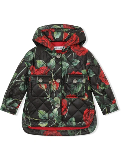 Dolce & Gabbana Quilted Rose-print Coat In Black