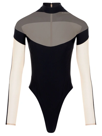 Shop Mugler Sheer Panel Bodysuit Black Nude 01