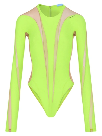 Shop Mugler Sheer Detail Bodysuit Neon Yellow Nude 02