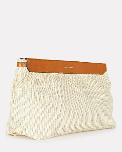 Shop Isabel Marant Luz Leather-trimmed Raffia Pouch In Beige