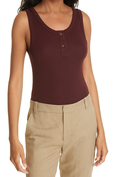Shop Vince Ribbed Henley Tank Top In Oxblood