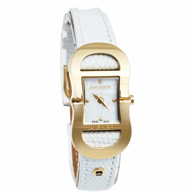 Pre-owned Aigner Mother Of Pearl Gold Plated Stainless Steel Leather Cesena A53200 Women's Wristwatch 20 Mm
