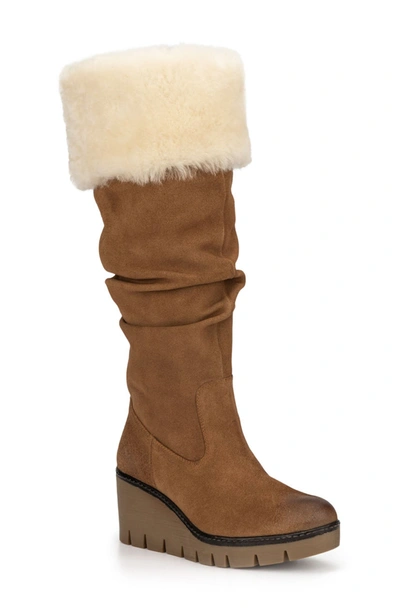 Vintage Foundry Arabella Faux Fur Trimmed Wedge Boot In Tan