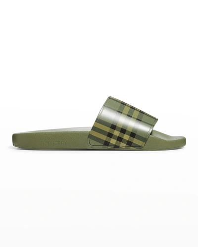 Shop Burberry Men's Check Pool Slide Sandals In Military Green Ip