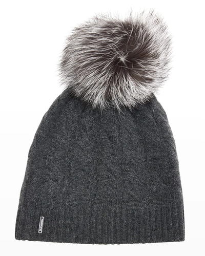 Shop Gorski Cashmere Cable-knit Beanie With Fur Pompom In Anthracitesilver