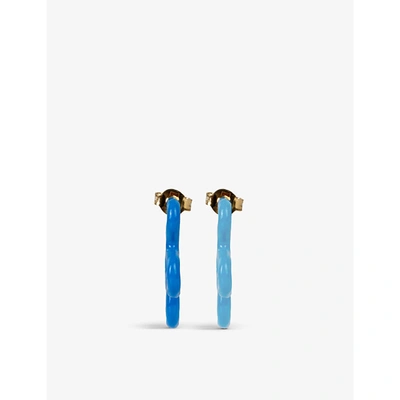 Shop Bea Bongiasca Flower Power Asymmetric 9ct Yellow-gold, Sterling Silver And Enamel Hoop Earrings In Blue White
