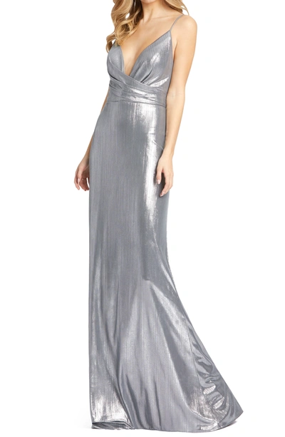 Shop Mac Duggal Shimmer Metallic Faux Wrap Gown In Silver