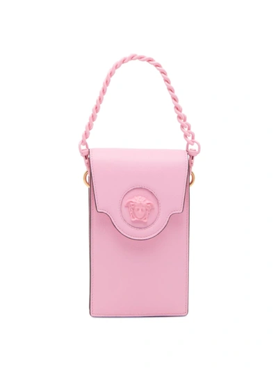 Shop Versace Women's La Medusa Leather Phone Case-on-strap In Baby Pink  Gold