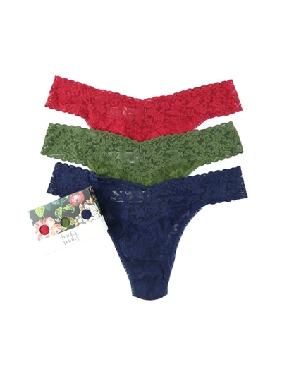 Shop Hanky Panky Original Rise 3-pack Signature Lace Thong In French Bordeaux Woodland Navy