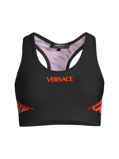 Shop Versace Women's Greca Signature Accent Sports Bra In Black Multi