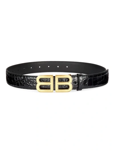 Shop Balenciaga Women's Bb Hourglass Croc-embossed Leather Belt In Black
