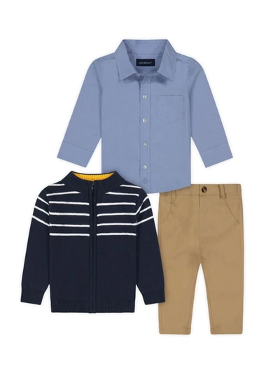 Shop Andy & Evan Little Boy's 3-piece Striped Zip-up Sweater, Button-up Shirt & Pants Set In Blue