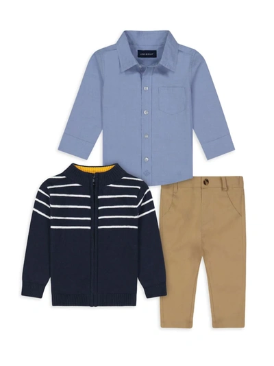 Shop Andy & Evan Baby Boy's 3-piece Button-up Shirt, Zip-up Sweater & Pants Set In Blue