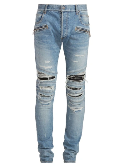 Shop Balmain Men's Ribbed Distressed Jeans In Blue Jeans