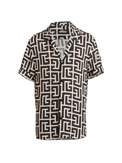 Shop Balmain Men's Monogram-print Button-up Shirt In Ivory Black