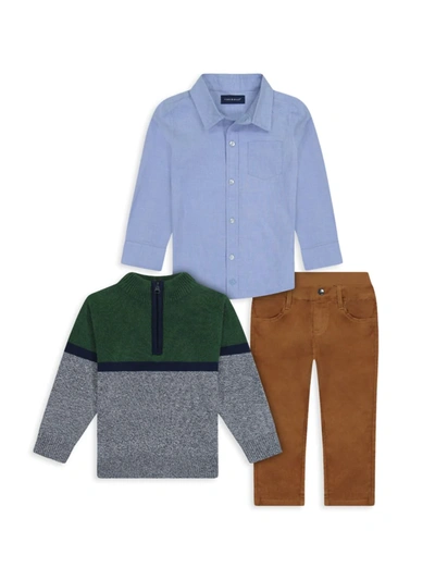 Shop Andy & Evan Little Boy's 3-piece Half-zip Sweater, Button-up Shirt & Corduroy Pants Set In Green