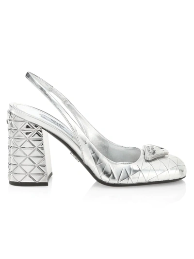 Shop Prada Women's Mirrored Triangle Block-heel Slingback Pumps In Argento